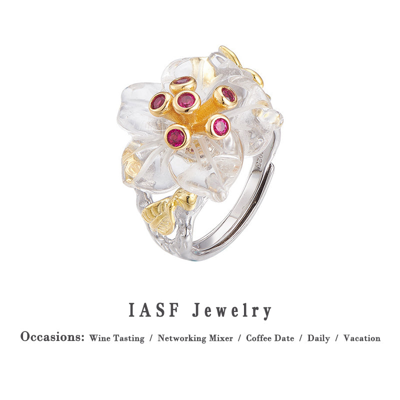 Floral White Quartz & Ruby Ring - 925 Sterling Silver Adjustable Band with Gemstone Accents