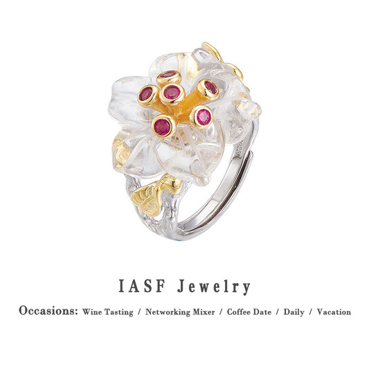 Floral White Quartz & Ruby Ring - 925 Sterling Silver Adjustable Band with Gemstone Accents