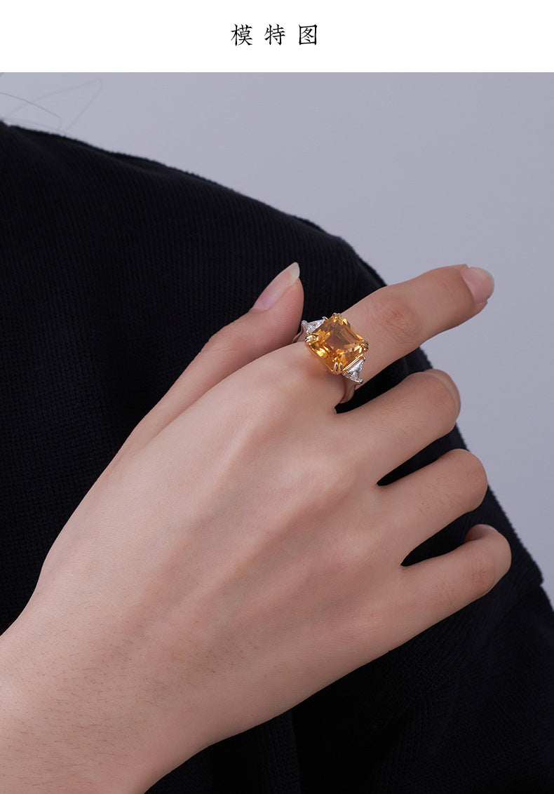 Sugar Cube Citrine Ring - 925 Silver Cut Diamond - Light Luxury Opening Ring