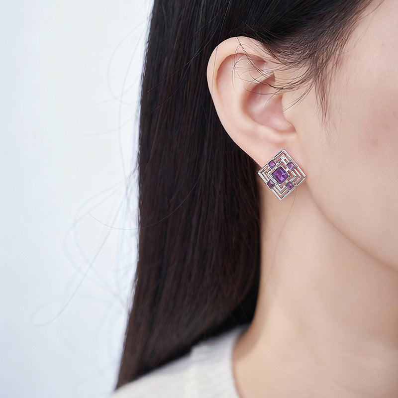 S925 silver natural amethyst stud earrings hollow rhombus high-end temperament versatile earrings light luxury