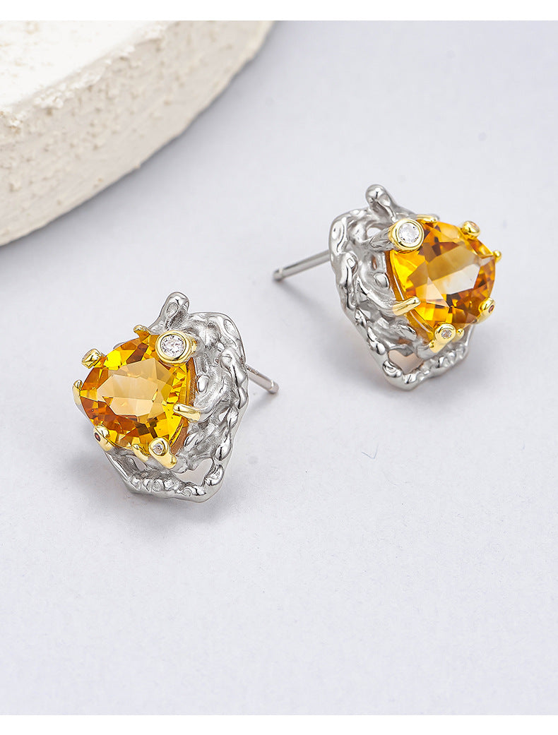 Citrine Triangle Stud Earrings | 925 Sterling Silver | Geometric Earrings