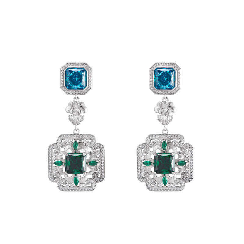 S925 silver long stud earrings retro synthetic emerald geometric high-end temperament earrings