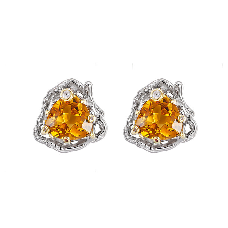 Citrine Triangle Stud Earrings | 925 Sterling Silver | Geometric Earrings