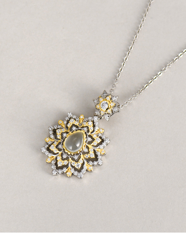 925 Sterling Silver Grape Stone Flower Pendant Necklace - Court Style