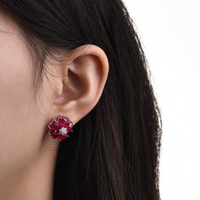 S925 silver heart-shaped redstone stud earrings fashion light luxury simple flower niche gemstone earrings women