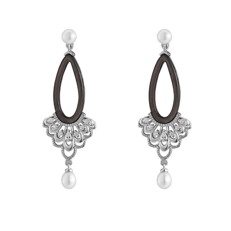 Teardrop Pearl Earrings - 925 Sterling Silver Openwork Long Drop with Black Shell