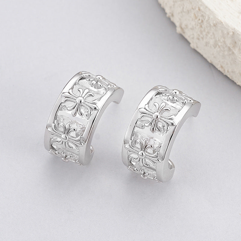 925 Sterling Silver Cross Pattern C-Shape Crystal Stud Earrings