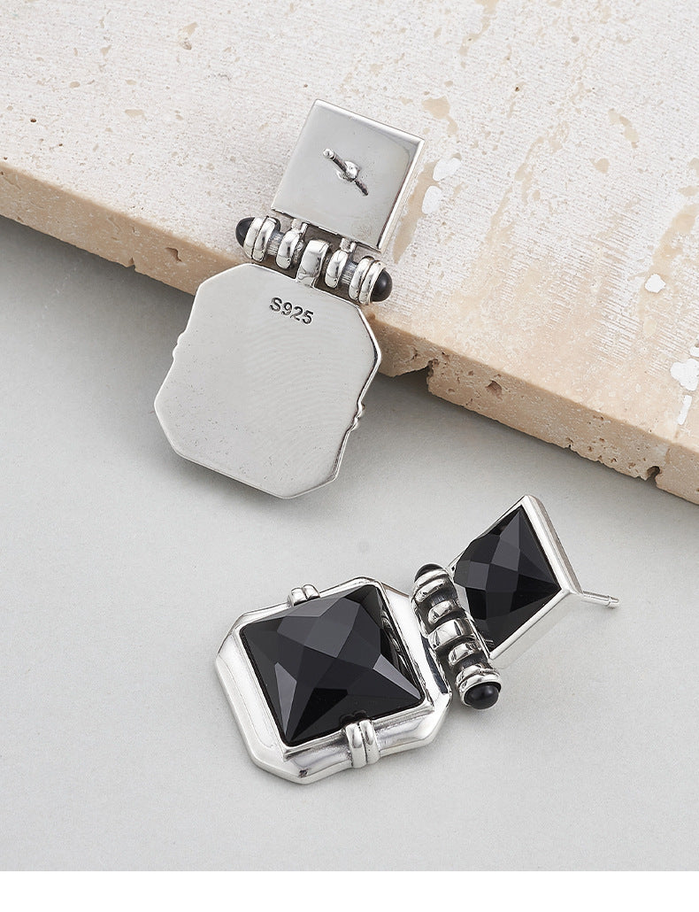 925 Sterling Silver Square Faceted Black Onyx Stud Earrings