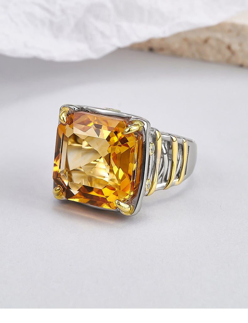 Square Citrine Ring - 925 Silver Italian Contrasting Color - Geometric Opening Ring