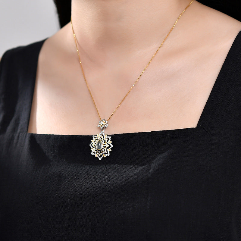 925 Sterling Silver Grape Stone Flower Pendant Necklace - Court Style