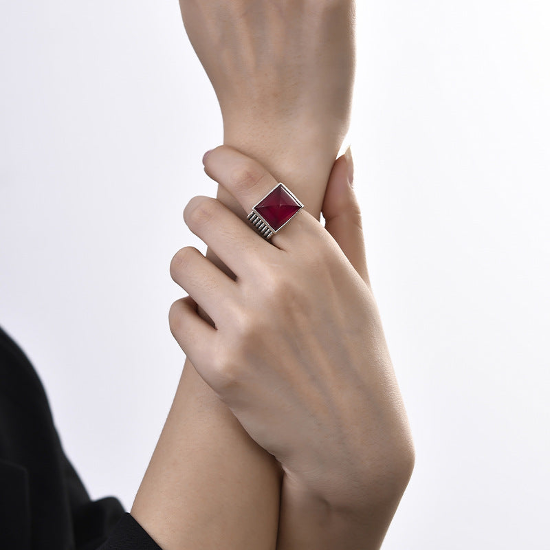 925 Sterling Silver Square Ruby Open Ring - Bold Vintage Design