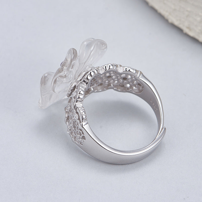 Hollow Lace Crystal Flower Ring - 925 Silver Temperament - Versatile High-End Design