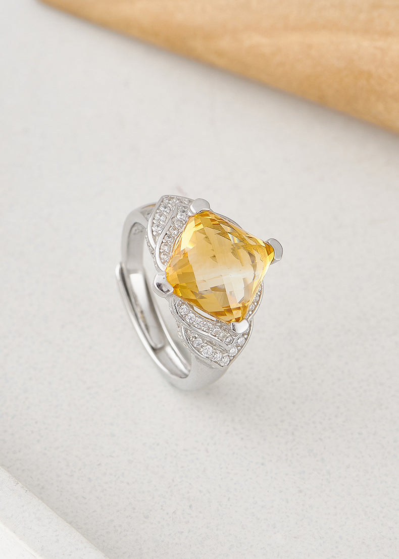 Diamond-Cut Citrine Geometric Ring - Bezel Set in a Fully Adorned 925 Silver Adjustable Band