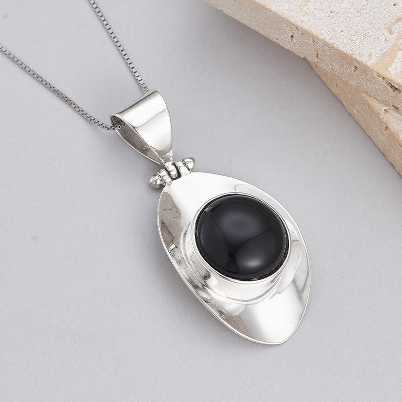 925 Sterling Silver Geometric Black Onyx Pendant Necklace