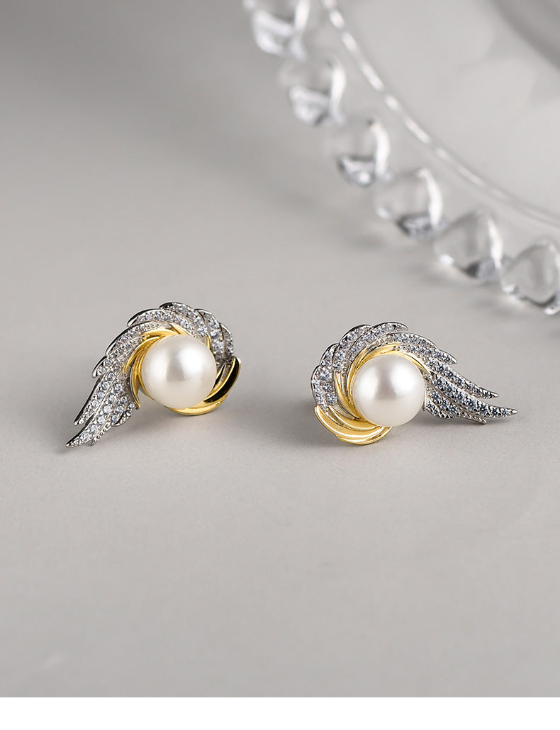 925 Sterling Silver Angel Wing Pearl Stud Earrings - French Vintage Design