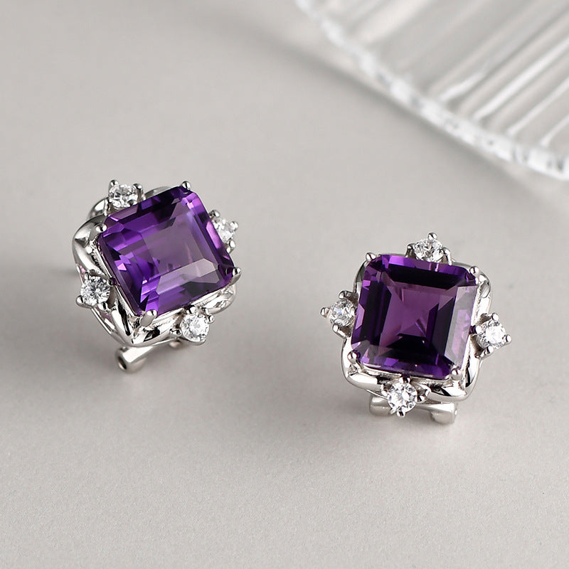 Square Amethyst Stud Earrings - 925 Sterling Silver Minimalist Cube Design