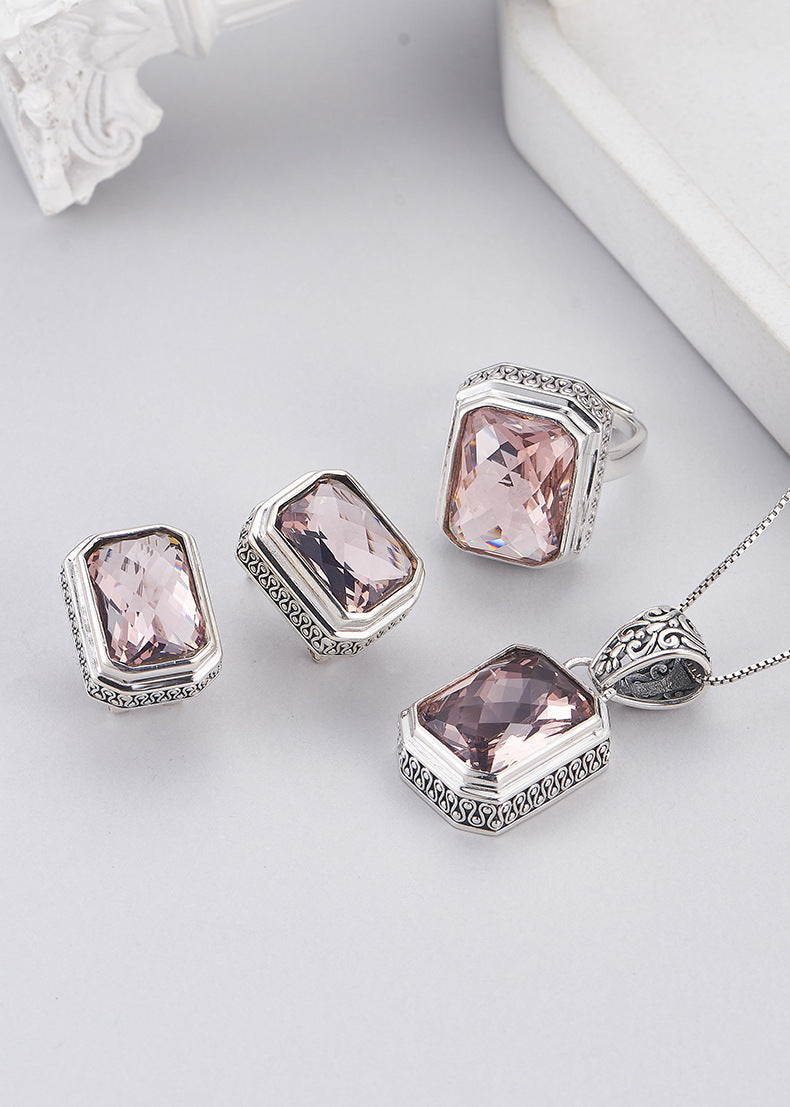 S925 silver inlaid morganite square pendant female Nepalese handmade personalized pattern geometric versatile necklace set