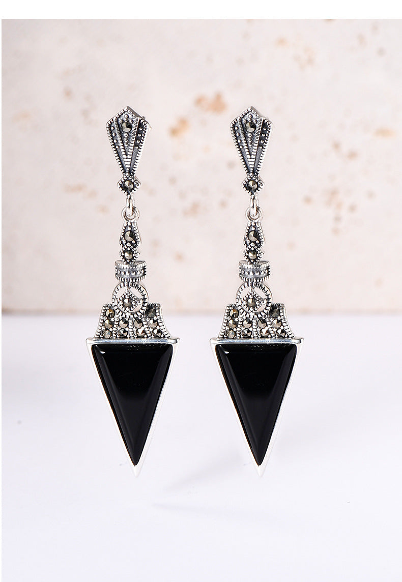 Statement Diamond-Shaped Earrings - 925 Sterling Silver with Black Onyx Triangle Accents