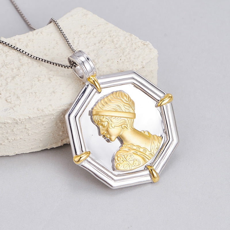 Amethyst Portrait Pendant | 925 Sterling Silver | Retro Relief Necklace