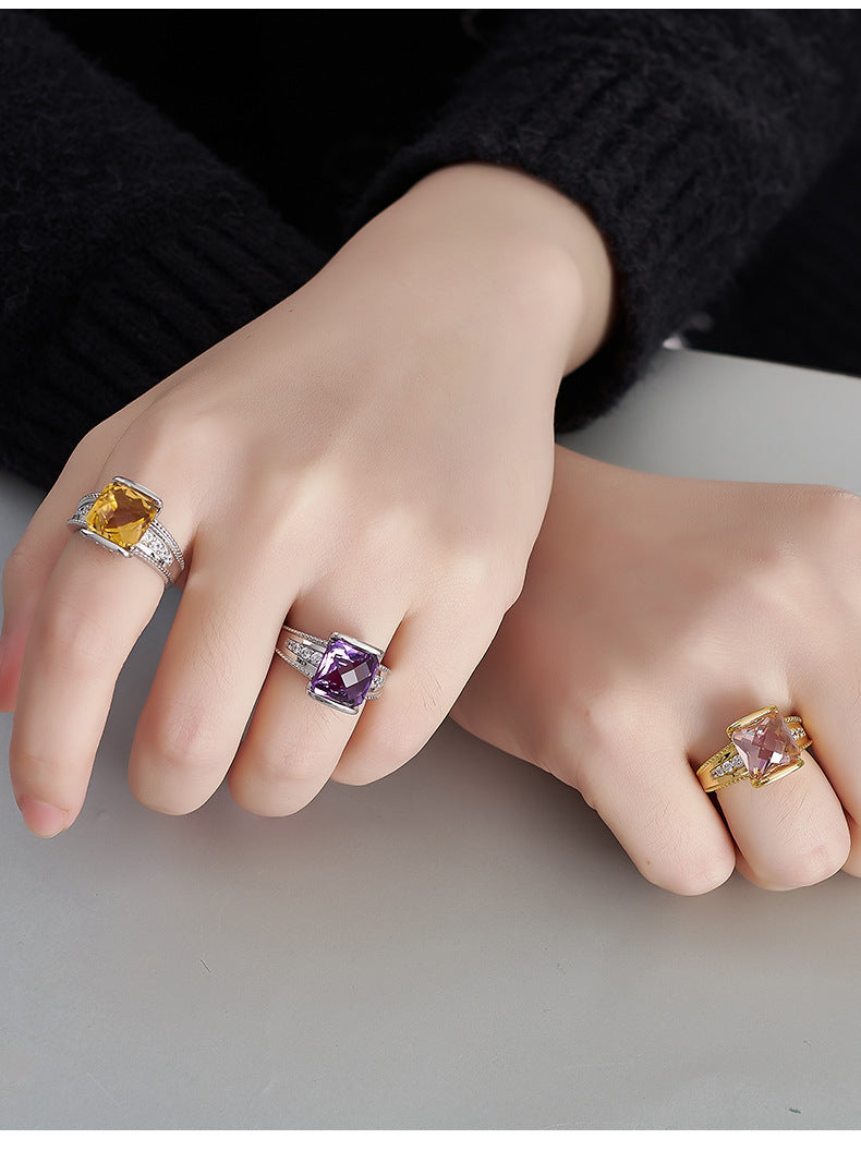 Faceted Amethyst Square Ring - 925 Sterling Silver Adjustable Open Band with Citrine Accents