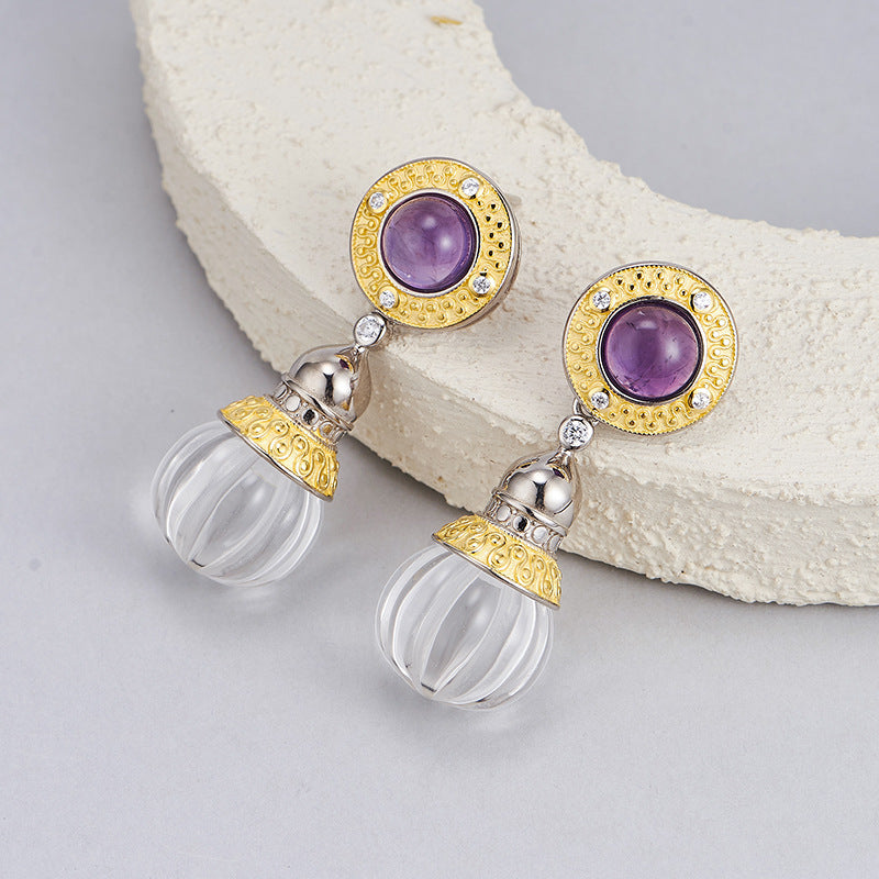 S925 silver natural crystal pumpkin bead earrings retro Italian craftsmanship temperament medieval earrings women