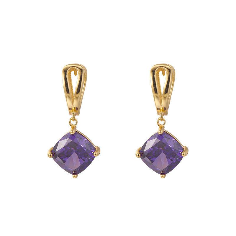 925 Sterling Silver Gold Plated Geometric Purple Stone Dangle Earrings - French Vintage