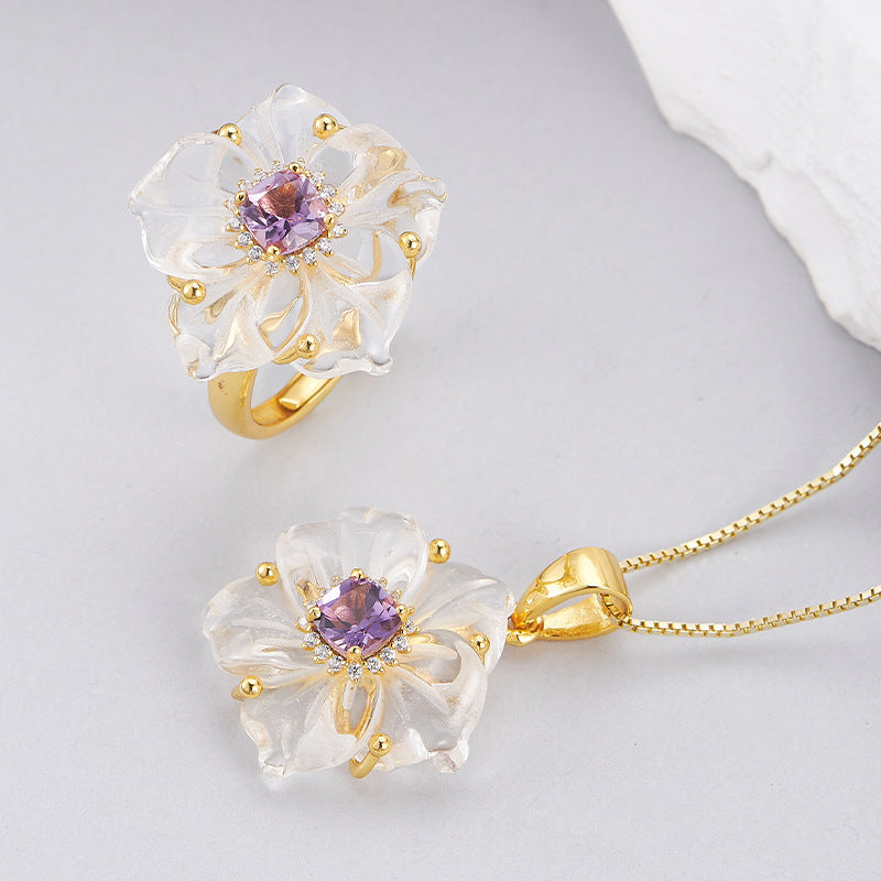 Zircon Crystal Flower Pendant - 925 Silver Micro-Inlaid - French Luxury Amethyst Necklace