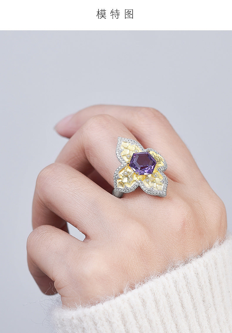 925 Sterling Silver Italian Faceted Amethyst Flower Open Ring