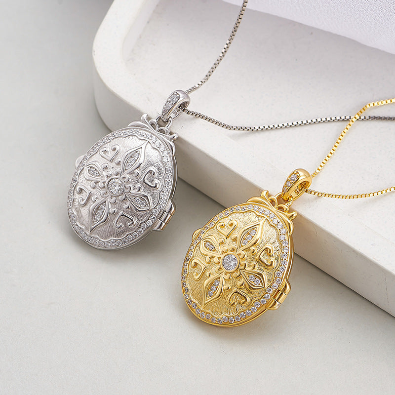 S925 silver pattern oval photo box heart-shaped couple necklace niche texture pendant can be opened for photos