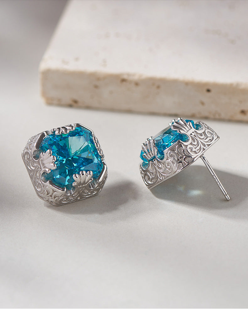 925 Sterling Silver French Vintage Aquamarine Square Stud Earrings