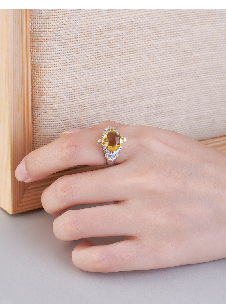 Diamond-Cut Citrine Geometric Ring - Bezel Set in a Fully Adorned 925 Silver Adjustable Band