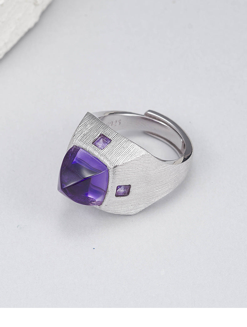 925 Sterling Silver Brushed Amethyst Diamond-Shaped Open Ring