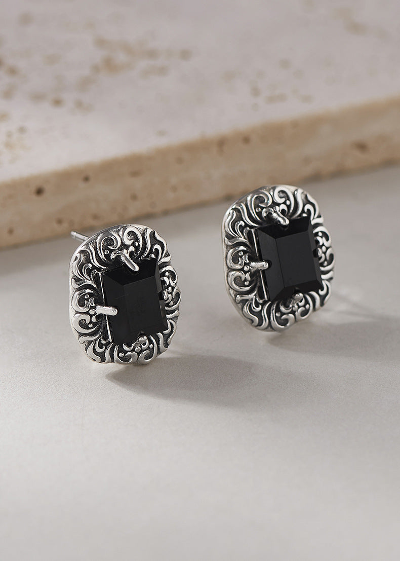Arabesque Onyx Studs - Intricate Sterling Silver Filigree with Black Gemstone