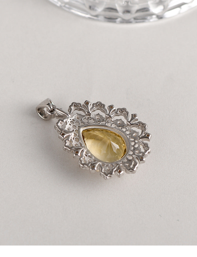 925 Sterling Silver Italian Lace Citrine Teardrop Pendant Necklace - Vintage Court Style