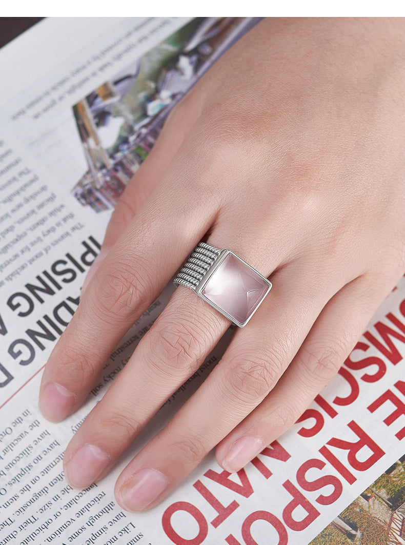 925 Sterling Silver Wide Pink Crystal Square Ring - Minimalist Unisex