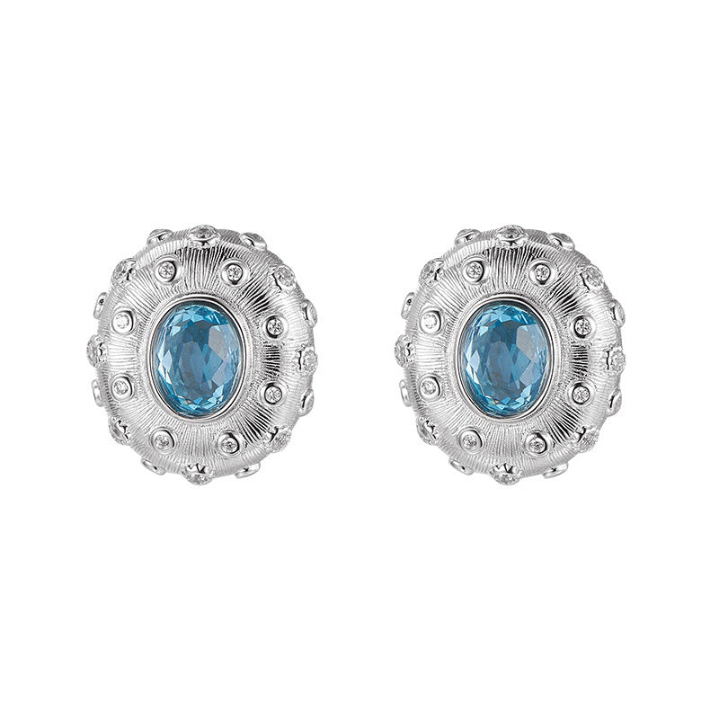 925 Sterling Silver Brushed Oval Topaz Ring with Crystals - Court Style Open Ring