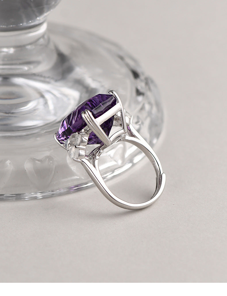 925 Sterling Silver Square Faceted Amethyst Ring - Minimalist Design