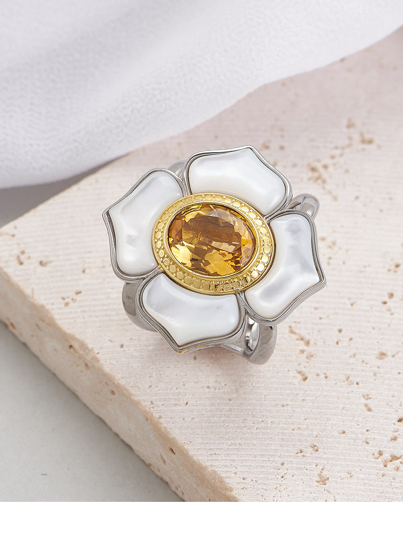 925 Sterling Silver White Shell Camellia Citrine Adjustable Ring