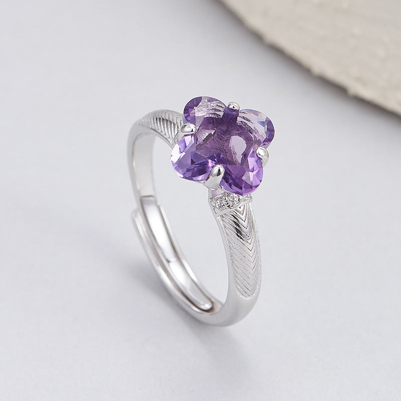 S925 silver natural amethyst ring, high-end exquisite and versatile open index finger ring women's jewelry gift