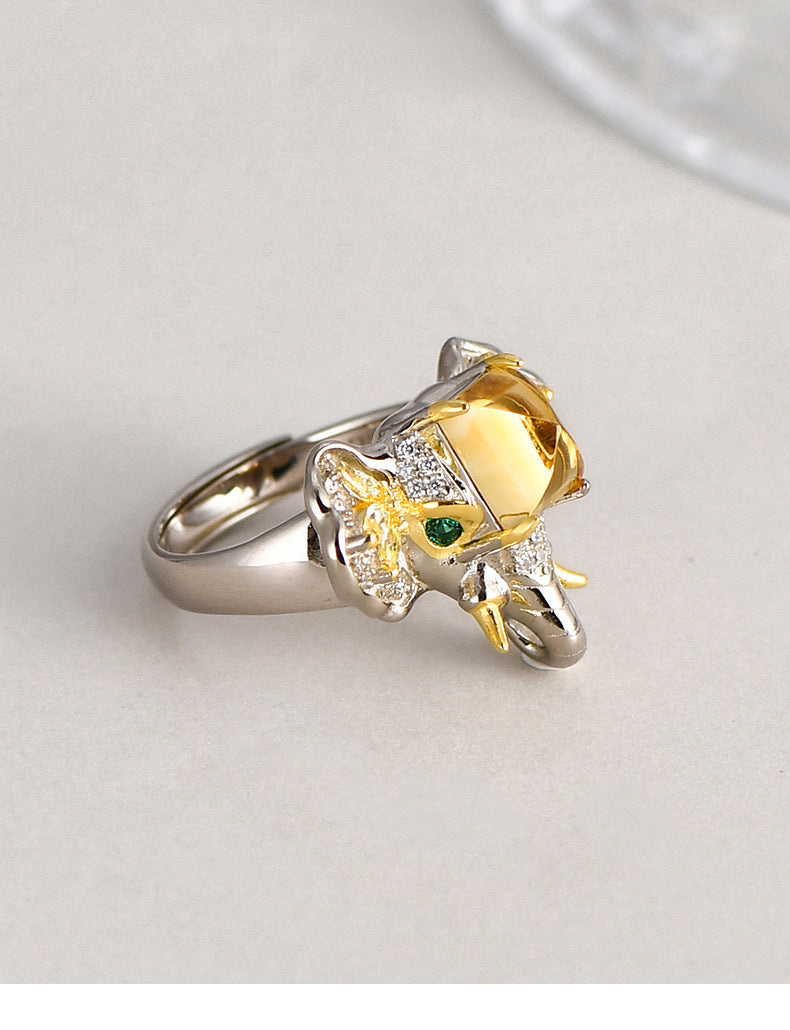 Elephant Citrine Ring - 925 Sterling Silver Adjustable Band with Micro-Pavé Detail
