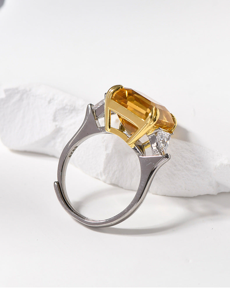 Sugar Cube Citrine Ring - 925 Silver Cut Diamond - Light Luxury Opening Ring
