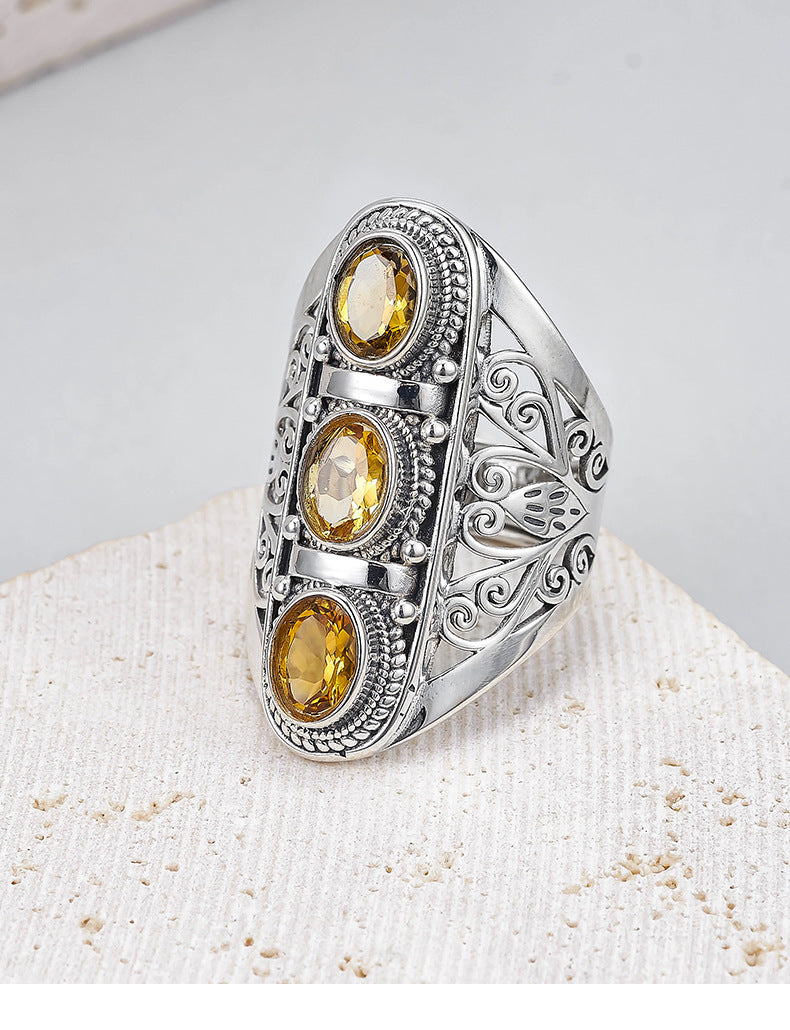 925 Sterling Silver Hollow Citrine & Peridot Adjustable Ring - Vintage Court Style