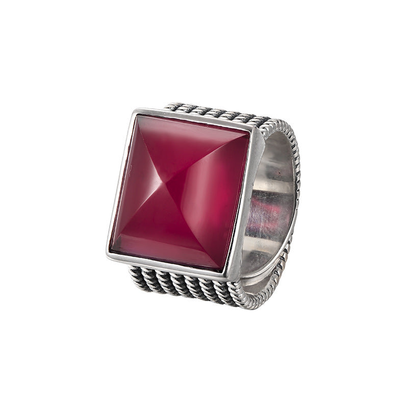 925 Sterling Silver Square Ruby Open Ring - Bold Vintage Design