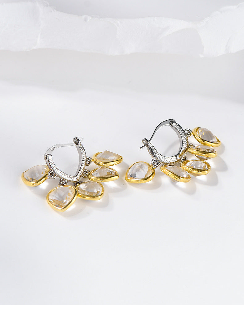 925 Sterling Silver White Crystal Cluster Dangle Earrings - French Design