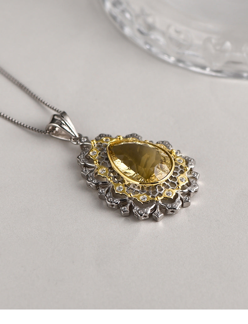 925 Sterling Silver Italian Lace Citrine Teardrop Pendant Necklace - Vintage Court Style