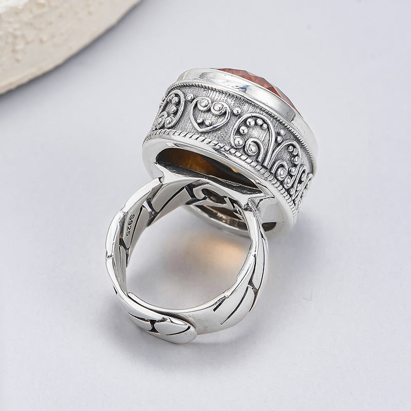 Exaggerated Oval Citrine Ring - 925 Silver Retro Pattern - Unisex Statement Ring