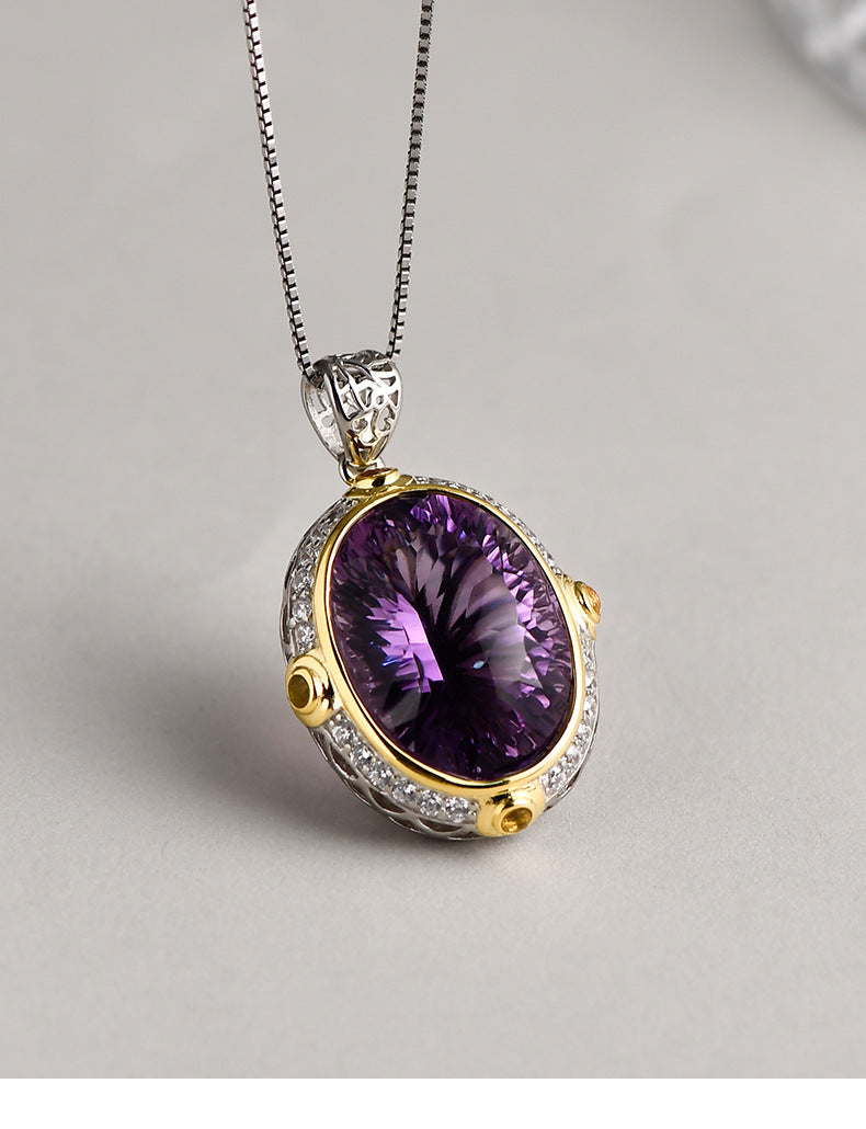 Oval Natural Amethyst Pendant - 925 Silver Niche Design - Fashionable Collarbone Chain