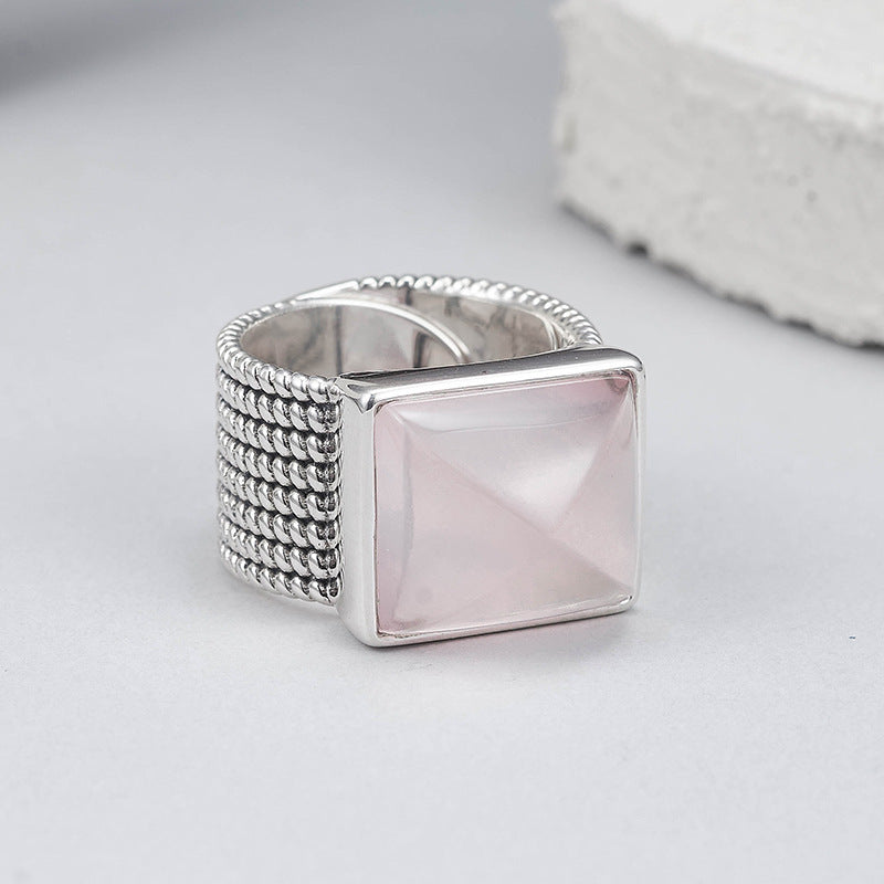 925 Sterling Silver Wide Pink Crystal Square Ring - Minimalist Unisex