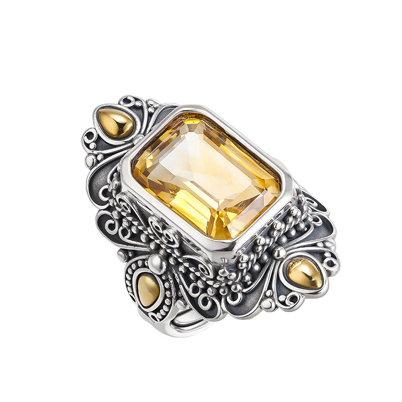 Retro Rhombus Citrine Ring - 925 Silver Copper Inlaid - Nepalese Niche Design