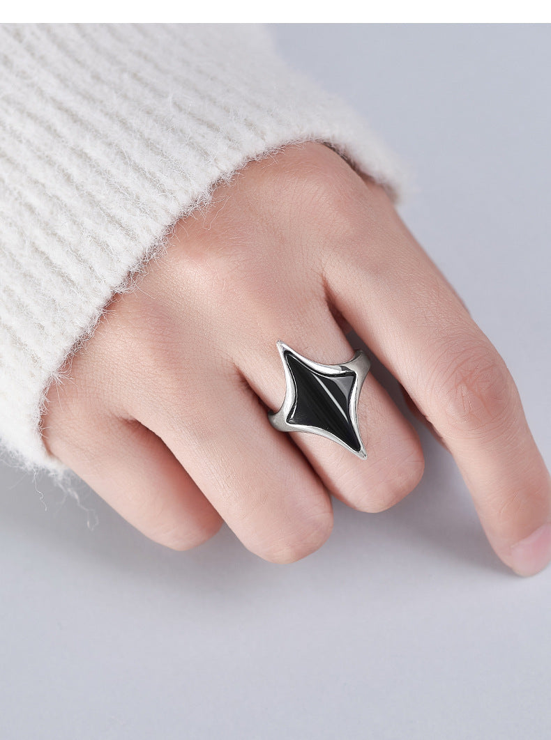 Rhombus Black Agate Ring - 925 Silver Cold Sweet Cool - Geometric Opening Couple Ring